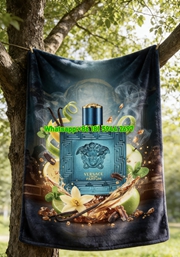 Versace Eros Parfum Bottle with Citrus and Vanilla Print Flannel Throw Blanket Deep Teal Blue and Gold IMG_1596